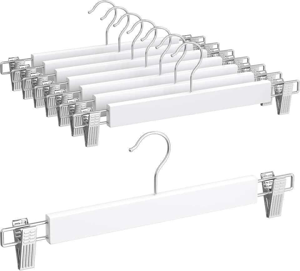 SONGMICS Hosenbügel 8er Set, Rockbügel aus Holz, mit verstellbaren Clips | Rutschfest, für Hosen, Shorts und Röcke, Weiß, CASON Kollektion CRW009W01