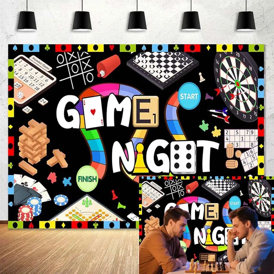 Game Night Backdrop for Photography - Gaming Theme with Dice, Chess & Cards, Boys/Adults Birthday Party Decor Banner, Casino Night Photo Booth Props & Gamer Party Suppliess 8X6FT