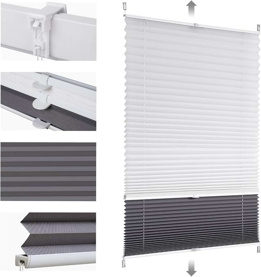 Sekey Plissee Doppelplissee Day+Night Verdunkelung ohne Bohren verspannt Lichtschutz, Klemmfix, 40x120cm Weiß und Grau