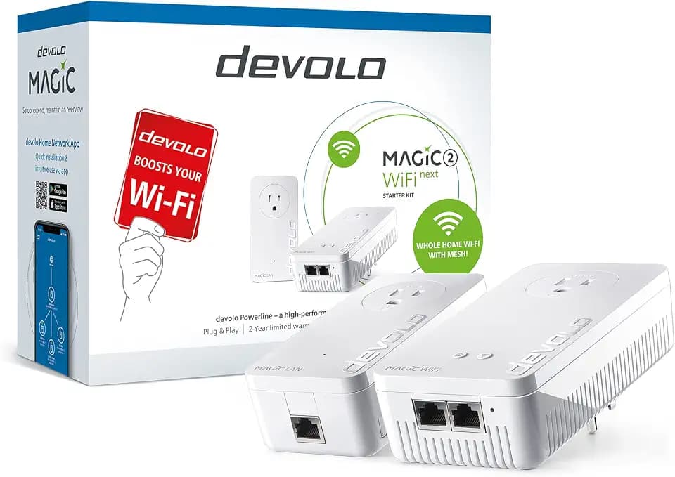 devolo Magic 2 WiFi Next Powerline Starter Kit | Mesh Wi-Fi AC | 2000 Mbps | G.hn Wave 2 | Multi-User MIMO | 2 Passthrough Adapter | 3X Gb LAN Ports [2+1] | Plug & Play | Best for Smart Devices