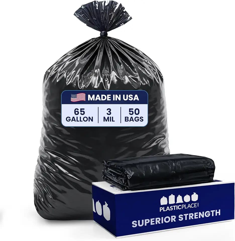 Plasticplace 65 Gallon Trash Bags │ 3.0 Mil │ Black Heavy Duty Garbage Can Liners │ 50” X 48” (50Count)