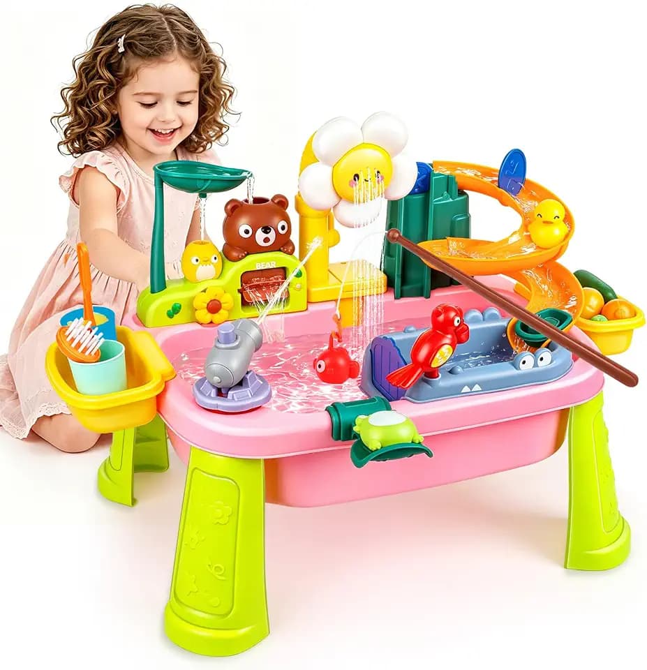 Kinder Spülbecken, Kinderwaschbecken mit Wasserkreislauf, Waschbecken Kinder mit Wasserfunktion, Wasserspieltisch mit Elektrischem Wasserhahn Obst Gemüse und Angelspielzeug ab 3 Jahre (Rosa)