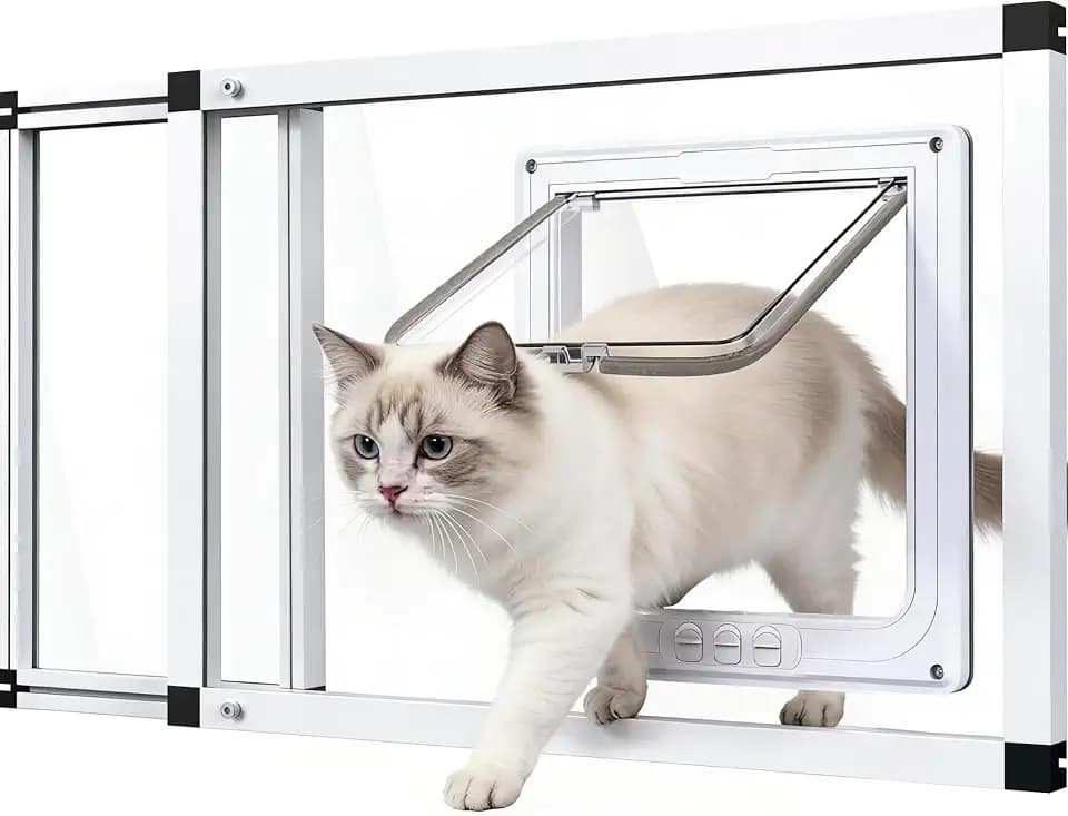 Full Glass Cat Door for Window,22"-28.5" Adjustable Width,1-Min Install | 4 Locking Modes,Aluminum Frame,HD Glass,Magnetic Closure,Weatherproof Sliding Pet Door Window Insert for Cats