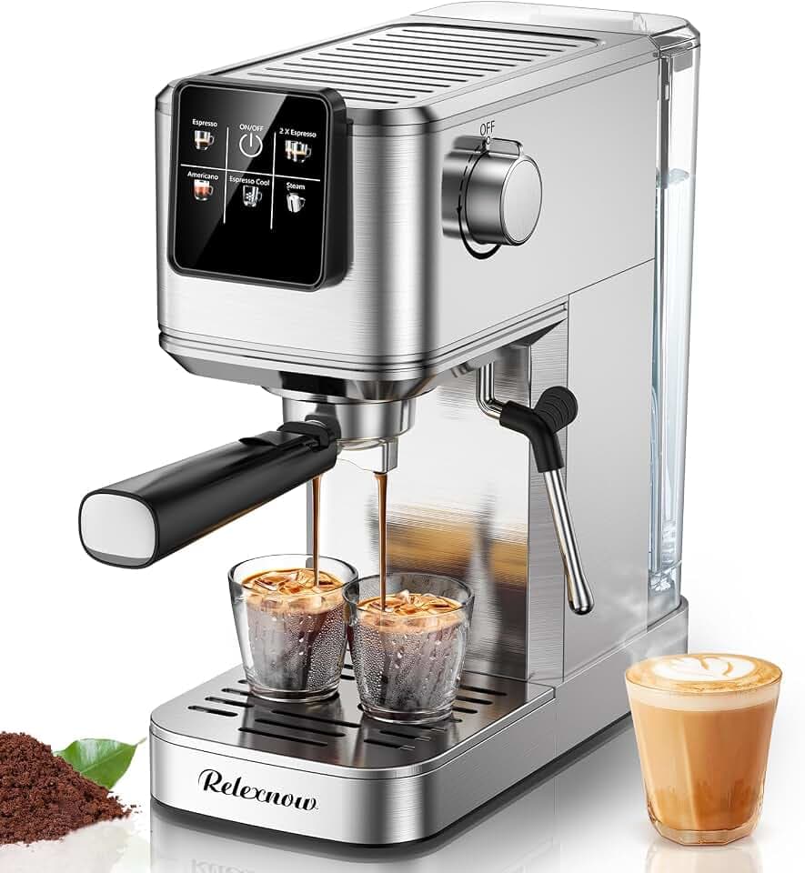 RELEXNOW Espresso Machine, 20 Bar Espresso Maker Milk Frother & LCD Panel, Hot & Iced with Rapid Cold Brew, Stainless Steel Espresso Coffee Machine with 41oz Water Tank for Cappuccino, Latte