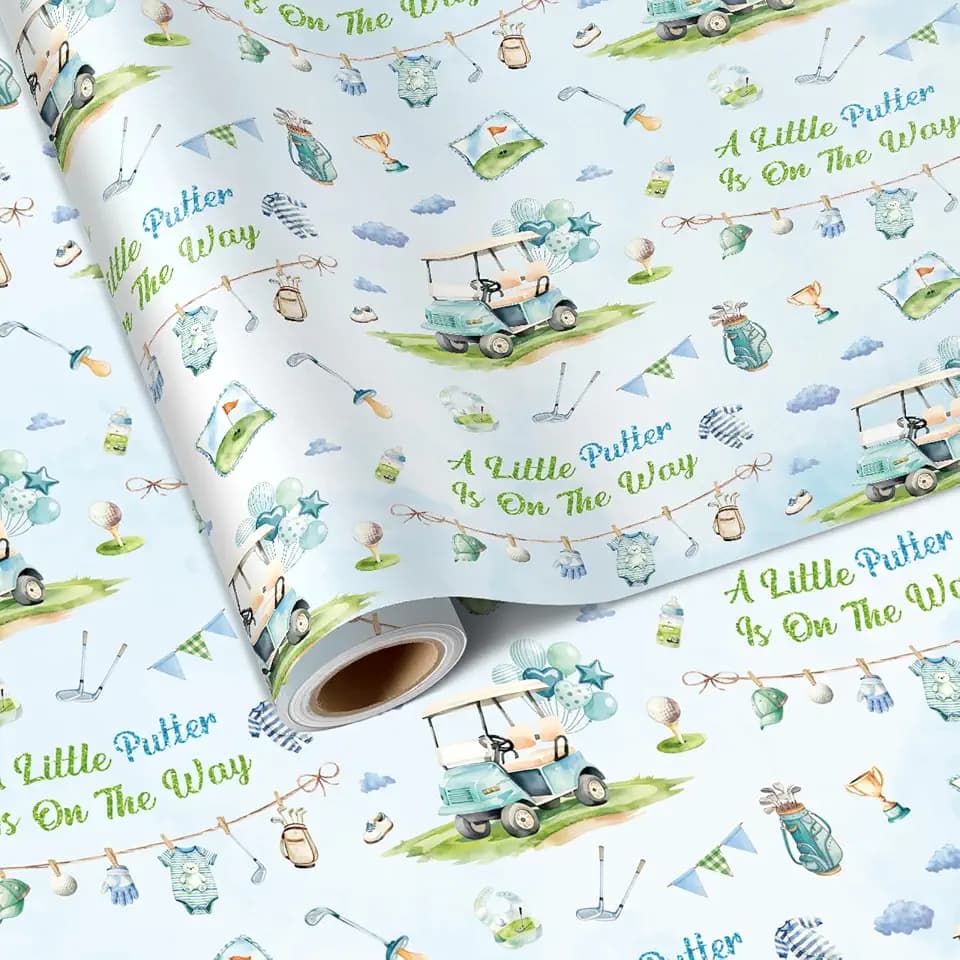 Pineraap Golf Baby Shower Wrapping Paper Roll, Golf Baby Boy Gift Wrap, A Little Putter Is On The Way Gift Packing Paper for Gender Reveal Newborn Sport Birthday Party, 17Inch x 16.5Feet