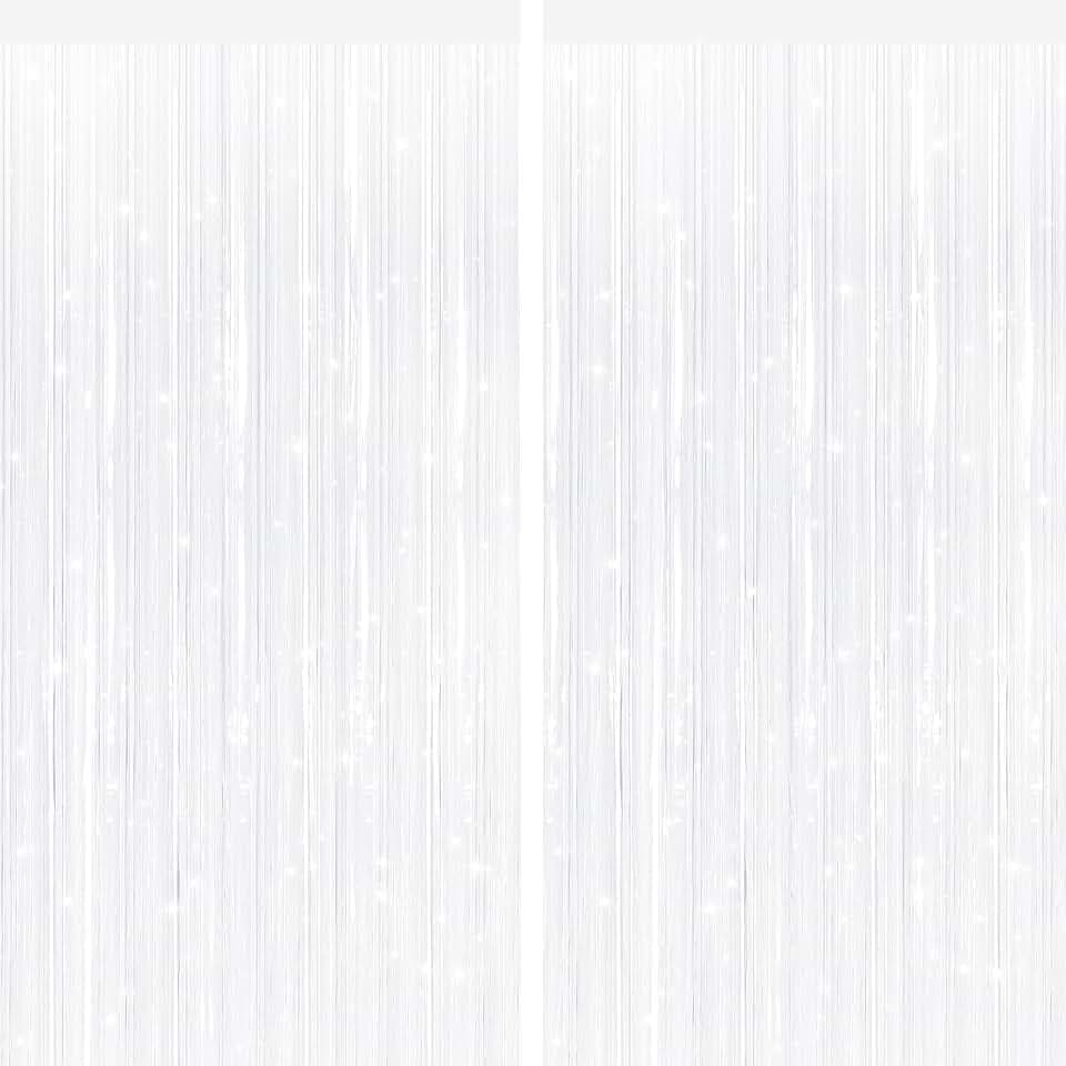 White Metallic Fringe Curtains 2 Pack, Tinsel Backdrop for Parties