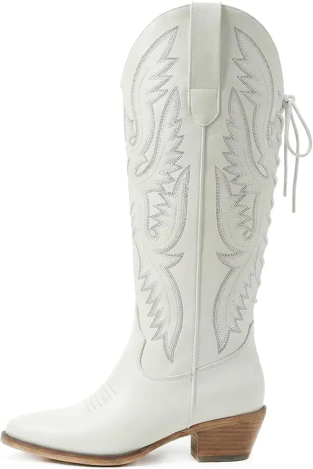 Uillnoodu Wide Calf Cowboy Boots Women Adjustable Lace Up Knee High Tall Plus Size Cowgirl Boots Western Style Comfortable 2-Inch Heel