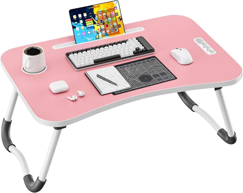 Folding Lap Desk, 23.6 Inch Wood Laptop Bed Desk with Cup Holder, Portable Bed Table for Working Writing Reading & Eating for Bed, Sofa, Couch, Floor - Pink