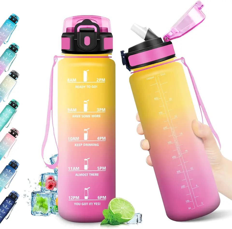Trinkflasche Sport 1L, Trinkflasche mit Zeitmarkierung, Wasserflasche mit Strohhalm, Auslaufsicher, Wasserflasche Kohlensäure Geeignet, BPA-frei, Sportflasche für Fitness, Gym, Fahrrad, Yoga