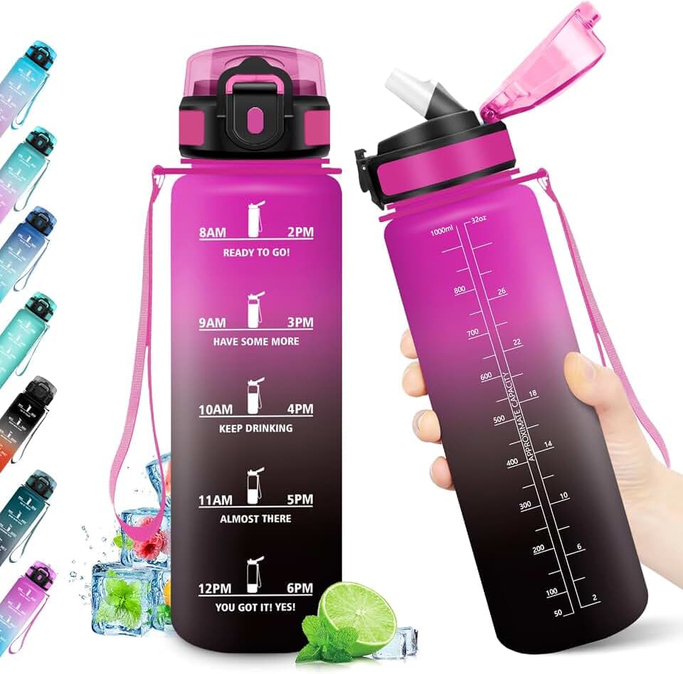 Wasserflasche 1L, Motivierende Trinkflasche, Auslaufsicher & Zeitmarkierung, Wasserflasche mit Strohhalm, BPA-frei, Sportflasche für Sport, Schule, Fitnessstudio, Wandern, Fahrrad, Outdoor, Yoga