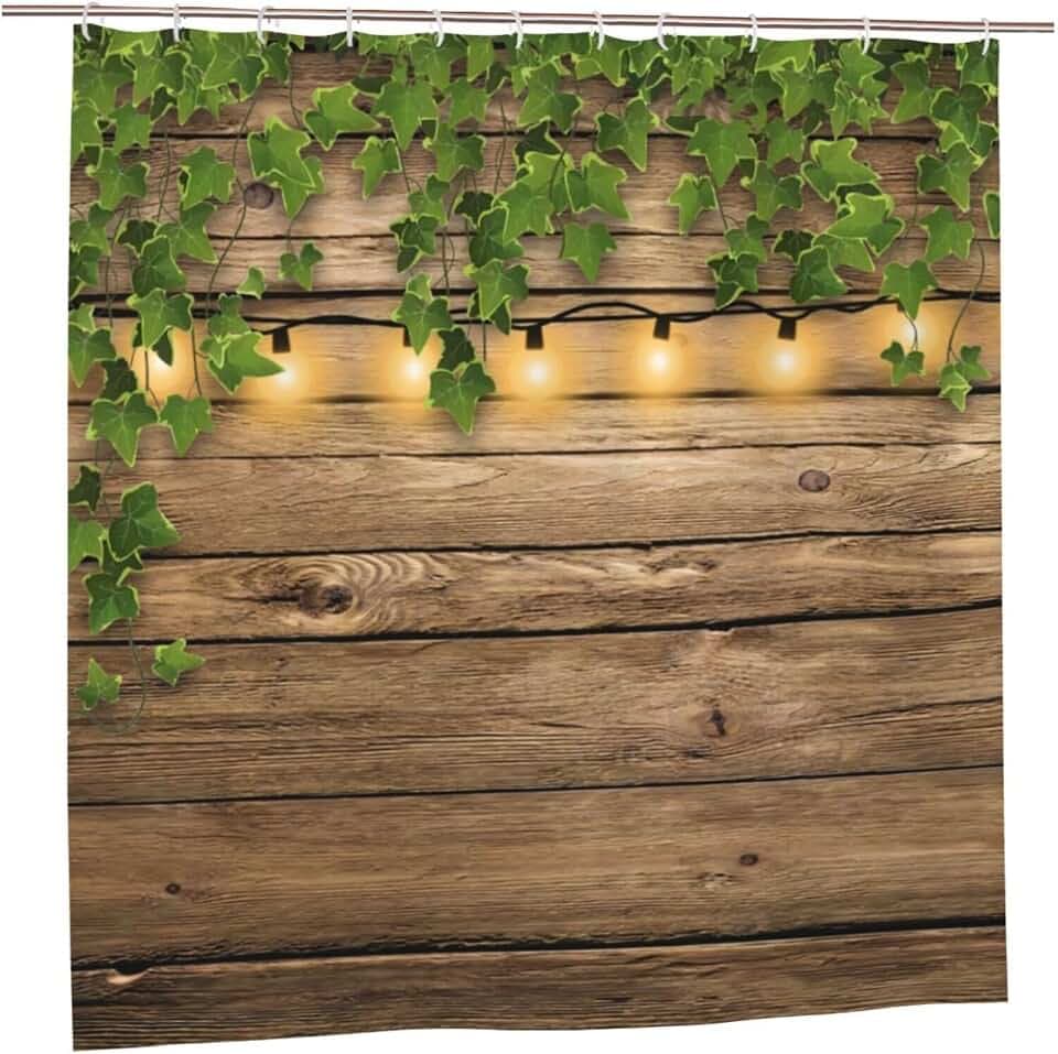 Vintage Holzbrett-Tür-Duschvorhang, Rustikale Grüne Blätter auf Bauernhaus-Landhaus-Holzplanke Gartendekoration, Wasserdichter Schnelltrocknender Land-Badevorhang mit Haken, 180X180cm / 71X71 in