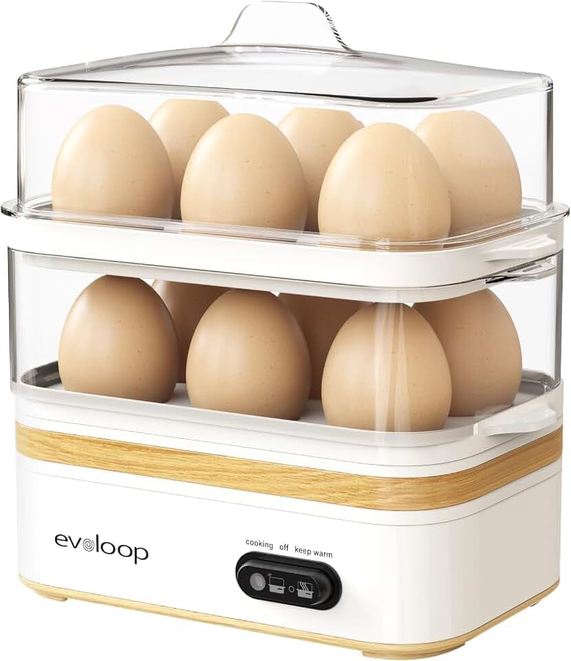 Evoloop Rapid Egg Cooker Electric 12 Eggs Capacity, Soft, Medium, Hard Boiled, Poached, Omelet Maker Egg Poacher & Vegetable Steamer, BPA Free Tray(white)