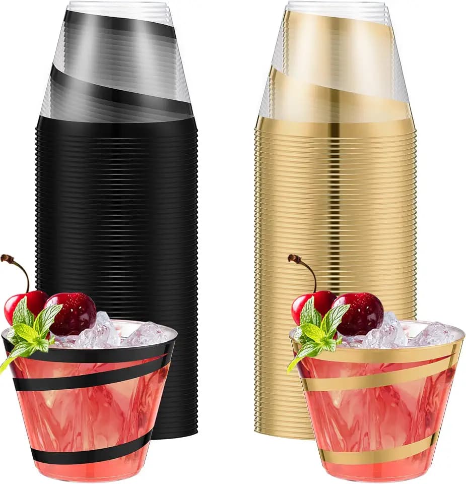 Gejoy 50 Pcs 9 oz Rimmed Swirl Plastic Cup, Black, Gold, Classic