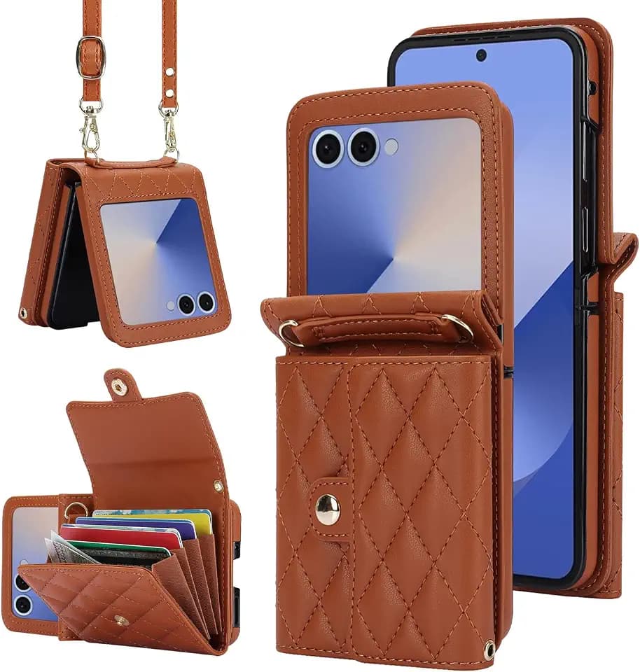 for Samsung Galaxy Z Flip 7 Accordion Crossbody Wallet Case, 4 Card Slots, RFID Blocking, and Adjustable Strap - Stylish and Versatile Accessory.(Brown)