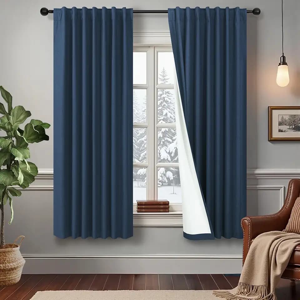 Navy Blue Linen Black Out Curtains 63 Inch Long 2 Panels Burg Thermal Insulated Total Blackout Window Shades Light Blocking Dark Curtains for Living Room Kids Children Boy Bedroom 63 Length White Back