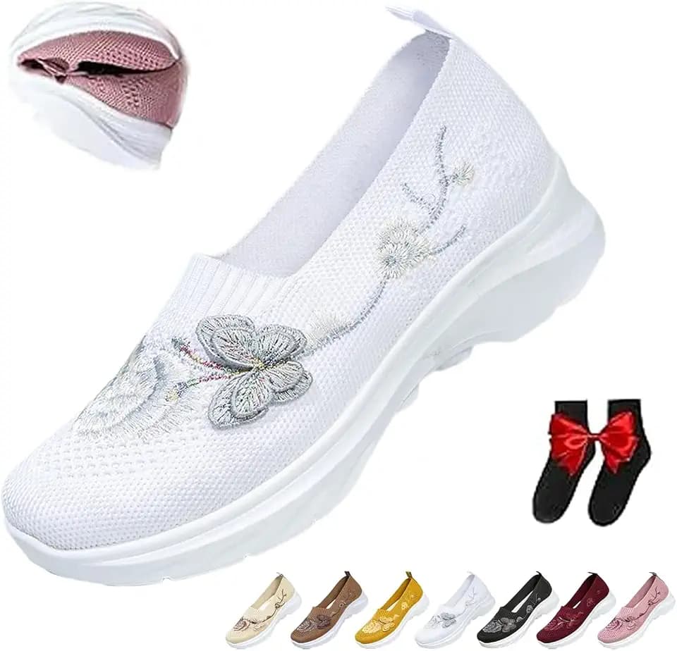 Women's Butterfly Embroidered Loafers Orthopedic Shoes for Women,Slip On Knit Butterfly Loafers Lightweight Comfortable Orthopedic Walking Shoes with Arch Support