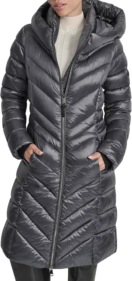 DKNY Women's Long Shiny Puffer Coat With Hood – Quilted Gloss Finish Winter Jacket