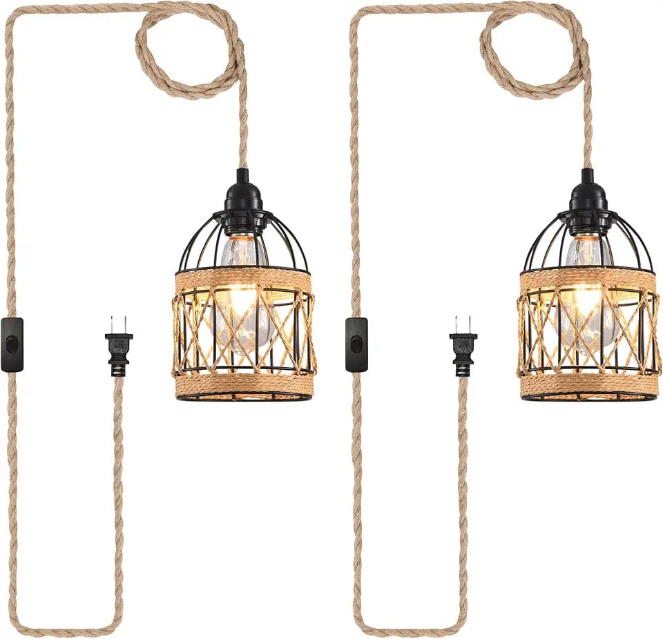 Plug in Pendant Light, Industrial Hanging Light with Plug in Cord Hemp Rope On/Off Switch Farmhouse, Vintage Pendant Light Fixture, Hanging Lamps for Dining Room