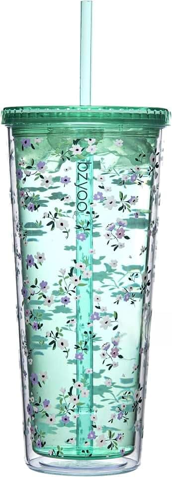 bzyoo 24oz Plastic Tumbler Cup, Lid & Straw, Iced Coffee Floral Mint