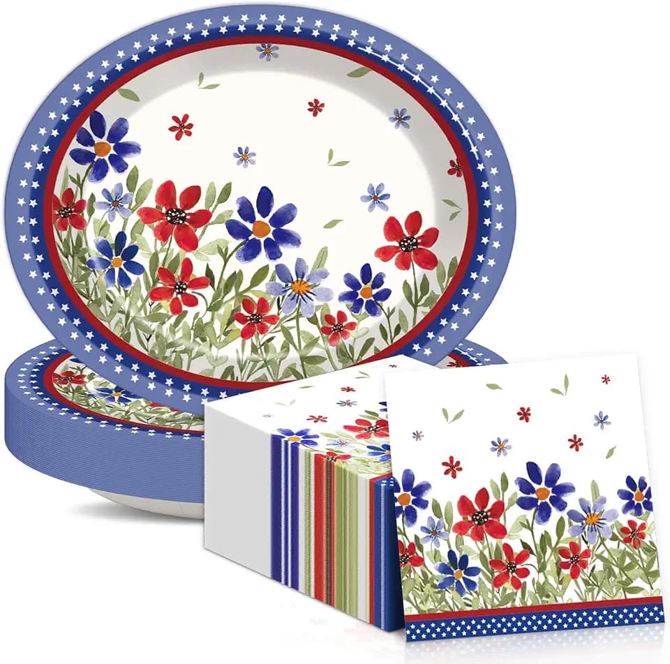 50Pcs American 4th of July Independence Party Oval Paper Plates 11 Inch Patriotic Poppy Flower Plates and Napkins for Memorial Day Decorations Disposable Serves Trays for Labor Veterans Party Supplies