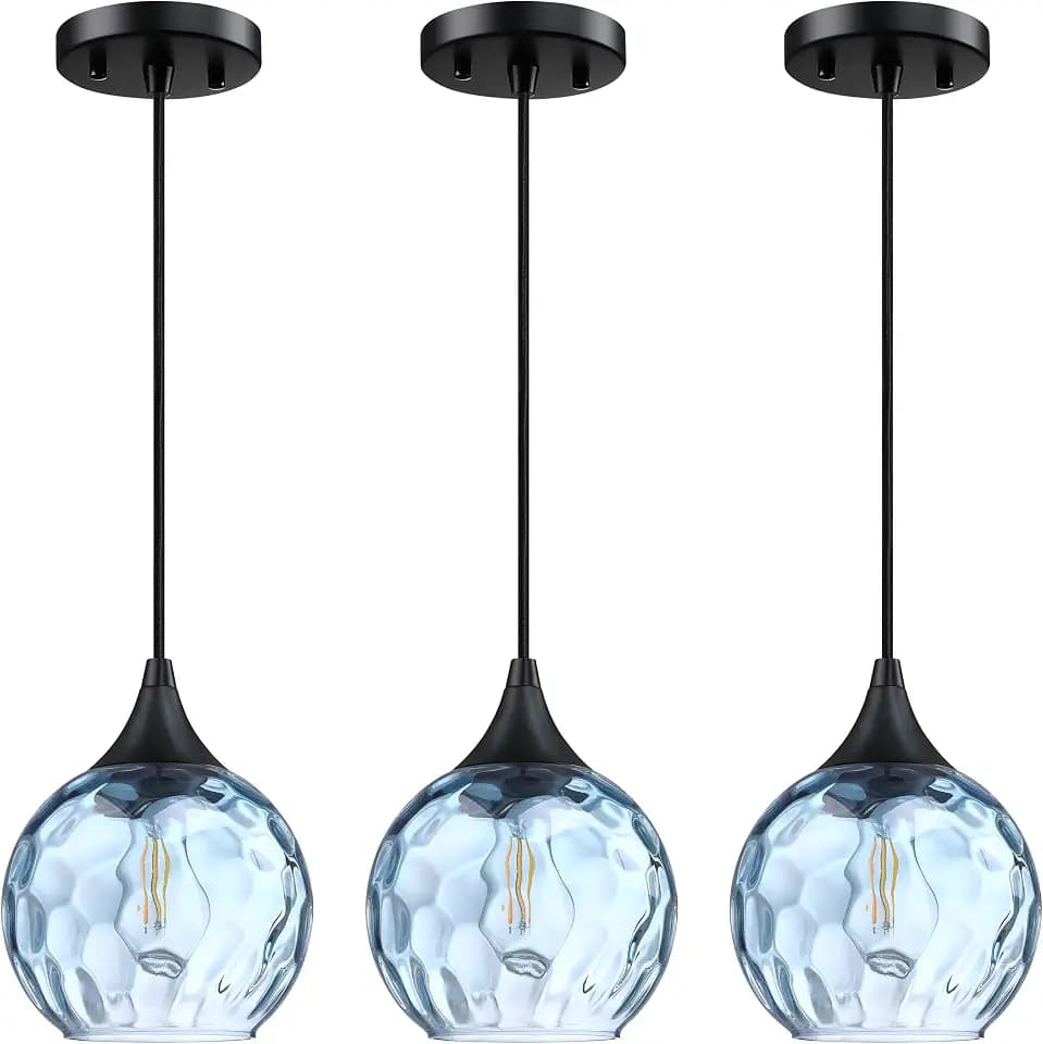 6.3" Texture Blue Glass Pendant Light 3 Pack Pendant Ceiling Light Fixture Black Finish Modern Farmhouse Dinning Over Sink Adjustable Height Cord