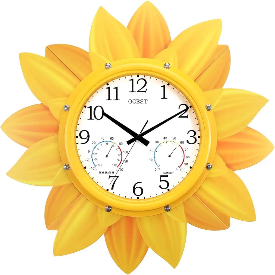 24-Inch Waterproof Sunflower Outdoor Clock with Thermometer & Hygrometer