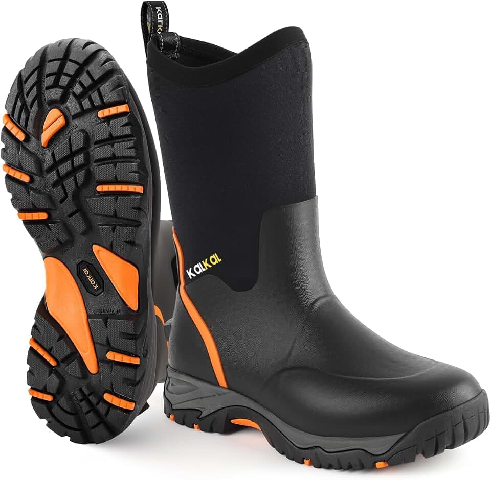 Kalkal Rubber Boots for Men, Waterproof Mid-Calf Mens Rain Boots with EVA Rubber Sports Sole, 6.5mm Neoprene Insulated Rubber Work Boots for Garden Farm Mud Boots (Size 7-14)