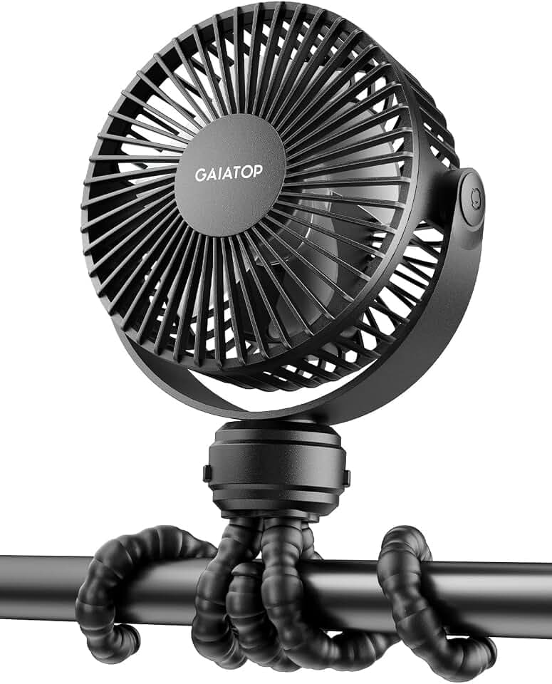 Gaiatop Tragbarer Mini-Kinderwagen-Ventilator, batteriebetrieben, kleiner Ventilator zum Anklippen, abnehmbar, 3 Geschwindigkeiten, wiederaufladbar, 360 ° drehbar, flexibles Stativ, Reisen, Schwarz