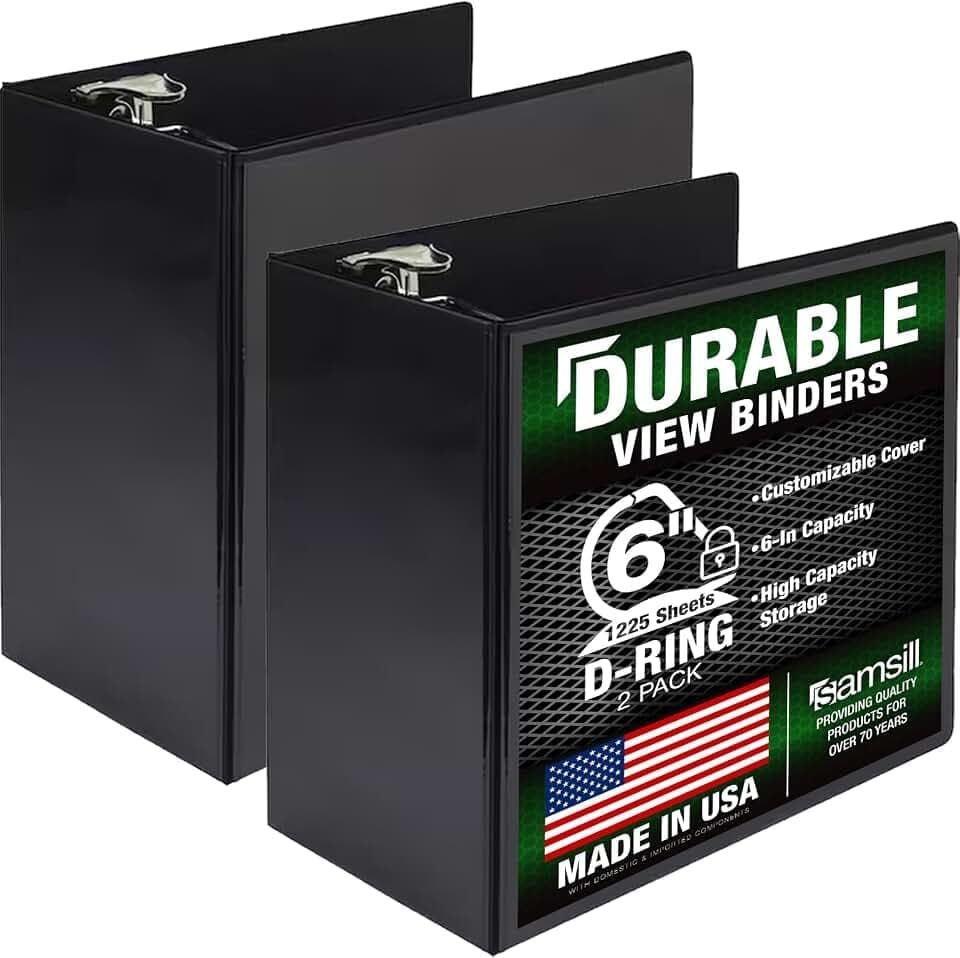 Samsill Durable 6 inch 3 Ring Binder, Locking D Ring Binder, Customizable Clear View Cover, Black, 2-Pack, Holds 1225 Pages