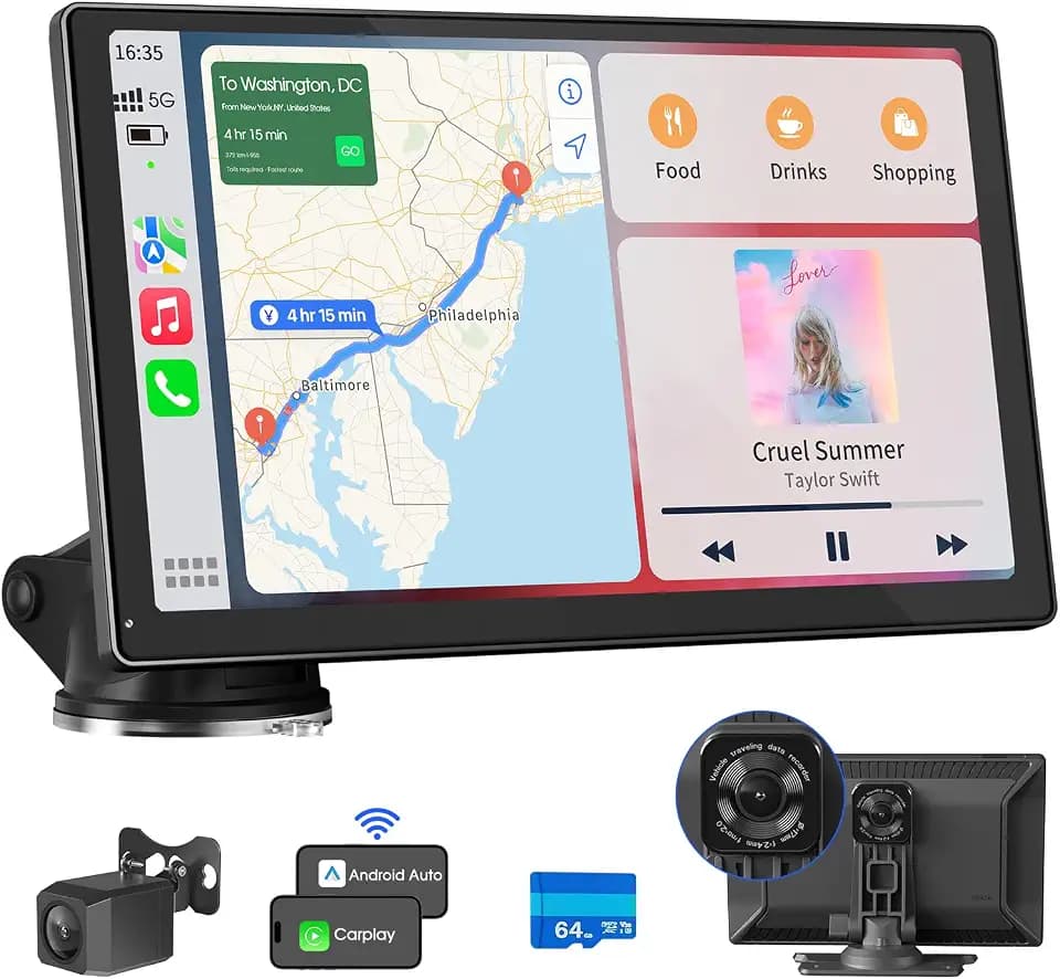 Wireless Carplay Autoradio mit 4K Dashcam,9 Zoll Tragbarers Touchscreen Android Auto,1080P Rückfahrkamera,GPS Navigation,Autoradio Bluetooth Freisprecheinrichtung,Spiegelverbindung,Sprachsteuerung
