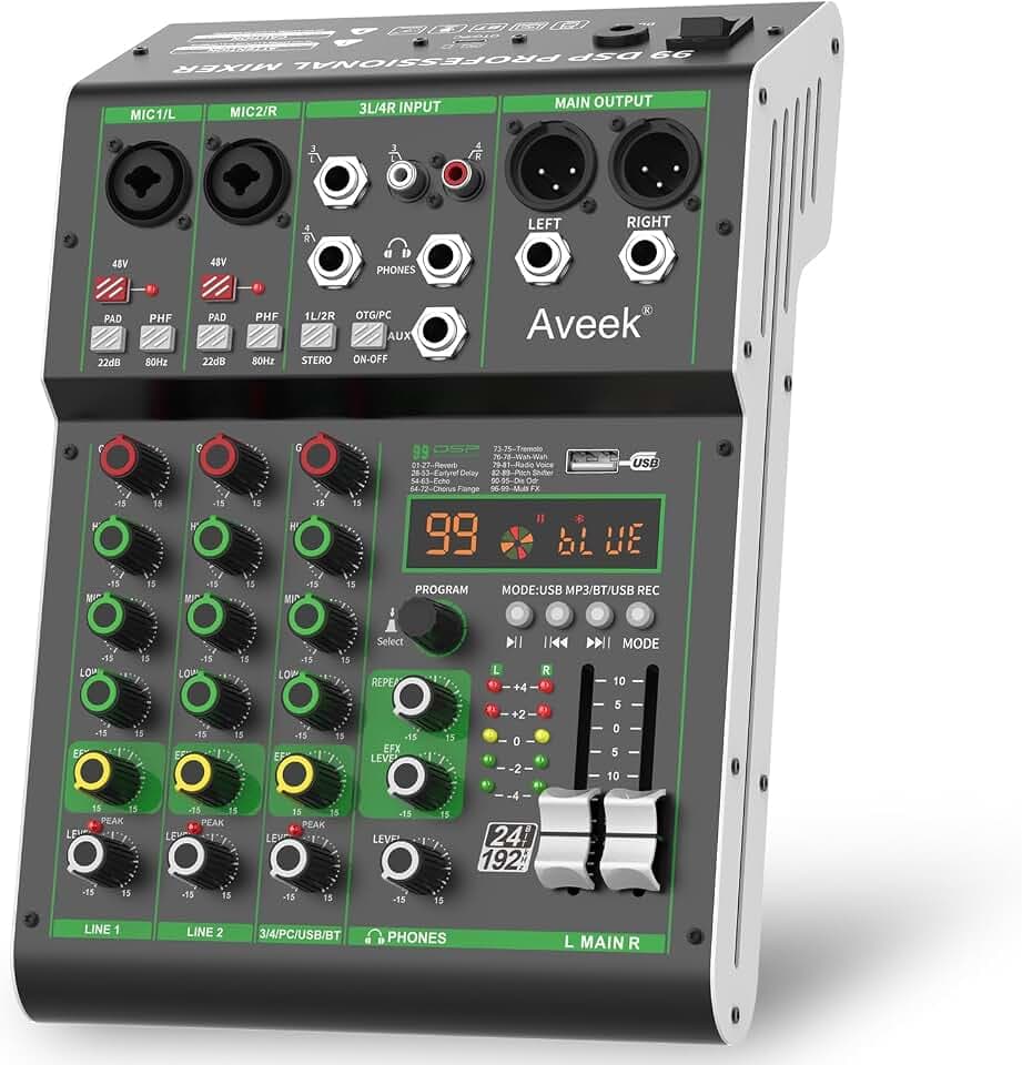 Aveek Audio Mixer,Professionelles Soundboard-Mischpult mit USB-Stick/Bluetooth/Computer/4-Kanal-Stereo-Eingang DJ Mixer,48V Phantom Digital 99 DSP-Effekt für PC-Aufnahme Karaoke Studio Streaming
