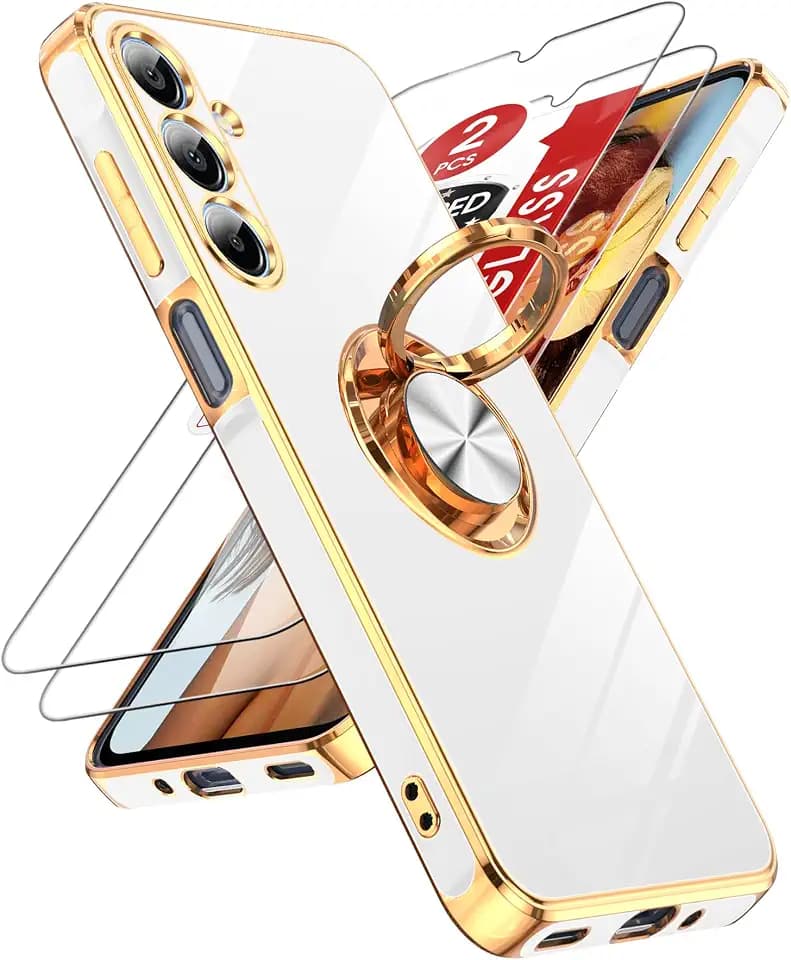 LeYi for Samsung Galaxy A16-5G Case: 2 Pack Tempered Glass Screen Protector and 360° Rotatable Ring Holder Magnetic Kickstand, Plating Rose Gold Edge A16 5G Case, Cute Present for Mom, White