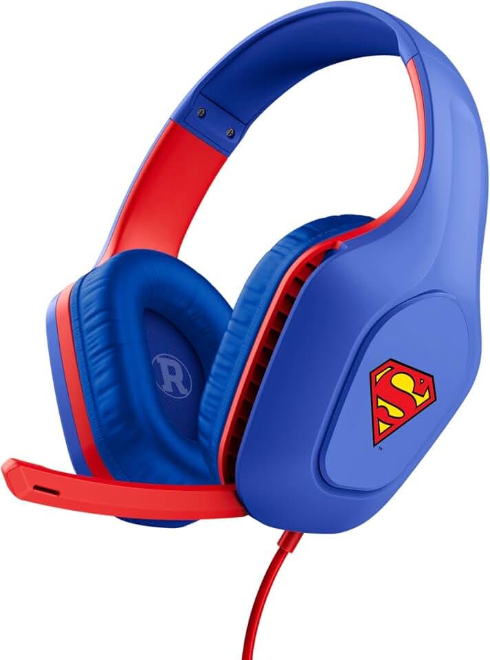 GXTrust Zirox Superman Lizenziert Gaming Headset Over-Ear, 3.5mm, Blau/Rot | für PC Xbox PS4 PS5 Switch Mobile, 50mm Treiber, 1.2m Kabel, Leichte Kopfhörer mit Kabel