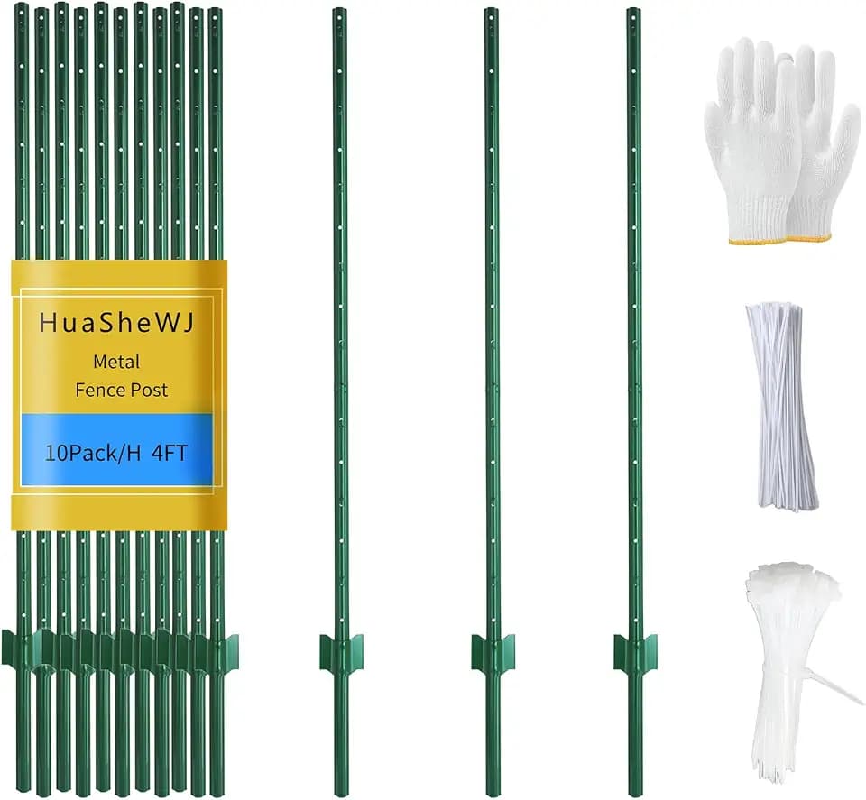 Metal Fence Post 4 Feet Green, Pack of 10, T Post for Wire Fence, No Dig Steel U Posts Fencing for Lawn Garden Wire Mesh Fences Poles Sign Outdoor