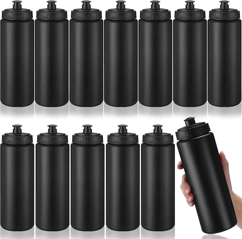 LemonRoad 12 Pack Squeeze Water Bottles Reusable 20 oz Plastic Sports Water Bottle with Pull Top Lid, Bike Cycling Gym Sport, Dishwasher Safe (Black)