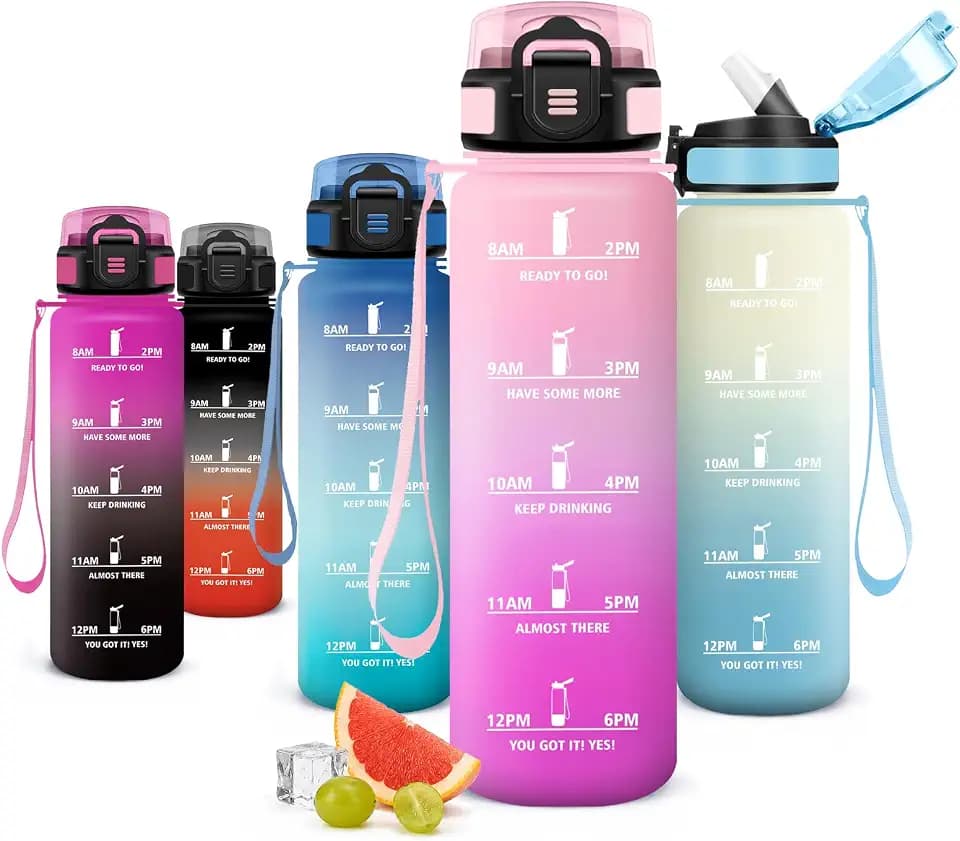 Sportflasche 1000ml, Auslaufsichere Wasserflasche mit Strohhalm, Trinkflasche mit Zeitmarkierung, Kohlensäure Geeignet, für Büro, Wandern