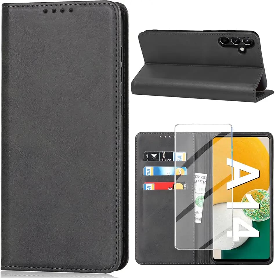 Vaki Handyhülle für Samsung Galaxy A14 4G/5G Hülle mit Schutzfolie, Schutzhülle Galaxy A14 5G PU Leder Wallet Kartenfach Ständer Klapphülle Lederhüllen Case für Samsung A14 4G Tache Cover (Schwarz)