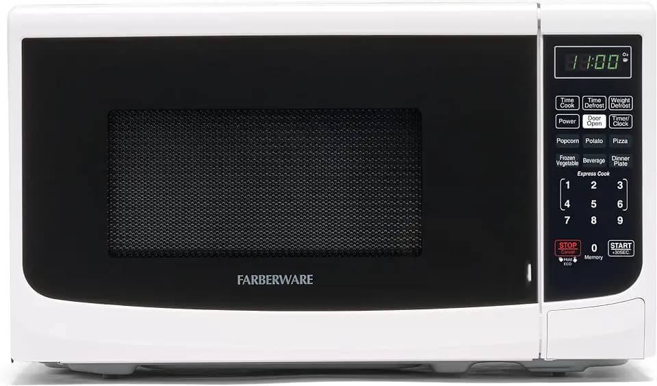 Farberware 0.7 Cu. Ft. Countertop Microwave Oven – 700 Watts Power, Auto Cook Settings, Defrost, Easy Clean and Child Safety Lock - White