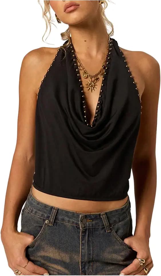 WDIRARA Women's Draped Beaded Backless Halter Tops Night Out Tank Sleeveless Crop Tops