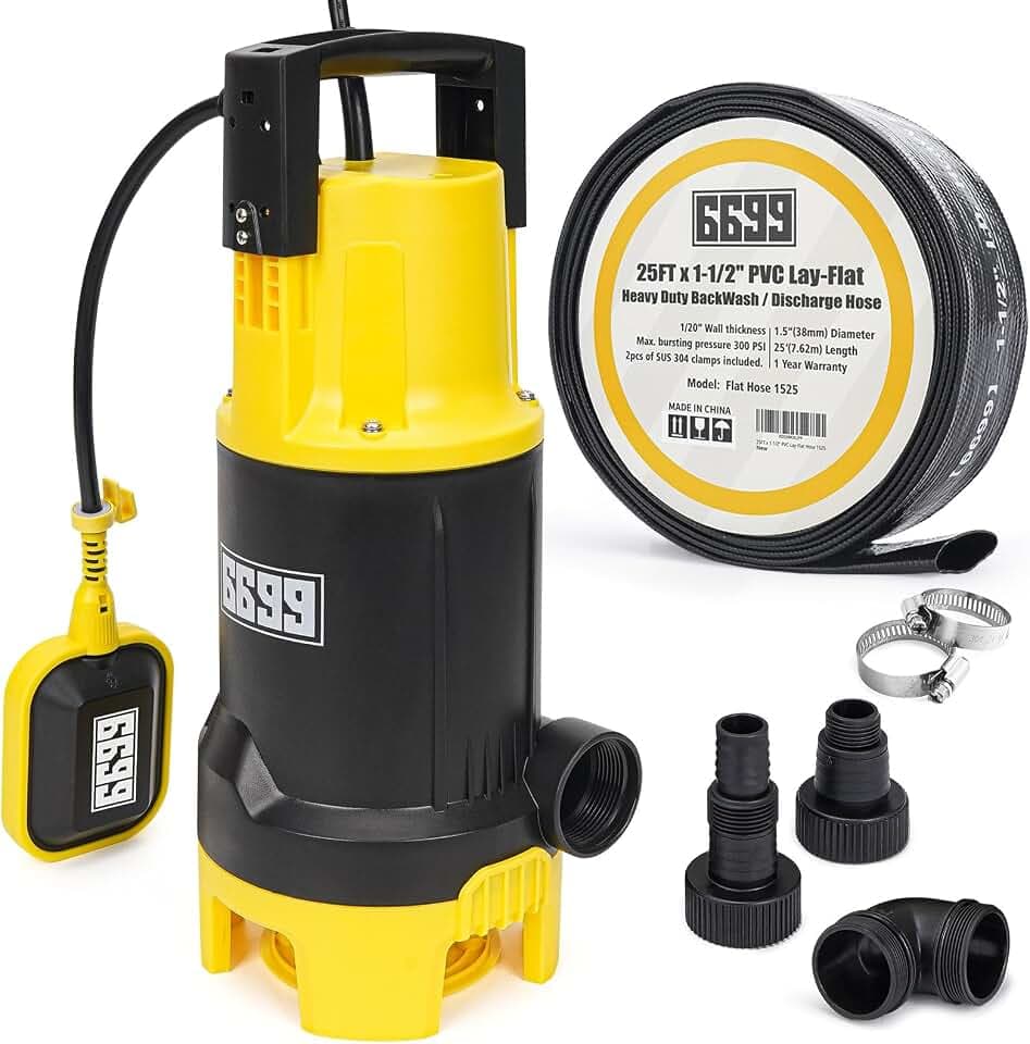 6500GPH Powerful Sump Pump with 1-1/2”Backwash Hose PVC Lay Flat Discharge Hose 1.5HP Sewage Effluent Pump with Float Switch 16FT Power Cord for Flooded House, Sump Pit, Pond Water Removal