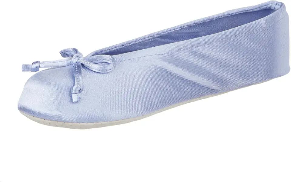 Isotoner Women's Satin Ballerina Slippers with Classic Ribbon Bow and Suede Sole
