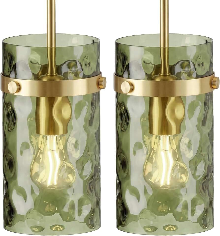 Modern Olive Green Wavy Glass Pendant Light 2 Pack - Adjustable E26 Hanging Lamp for Kitchen Island & Dining Room