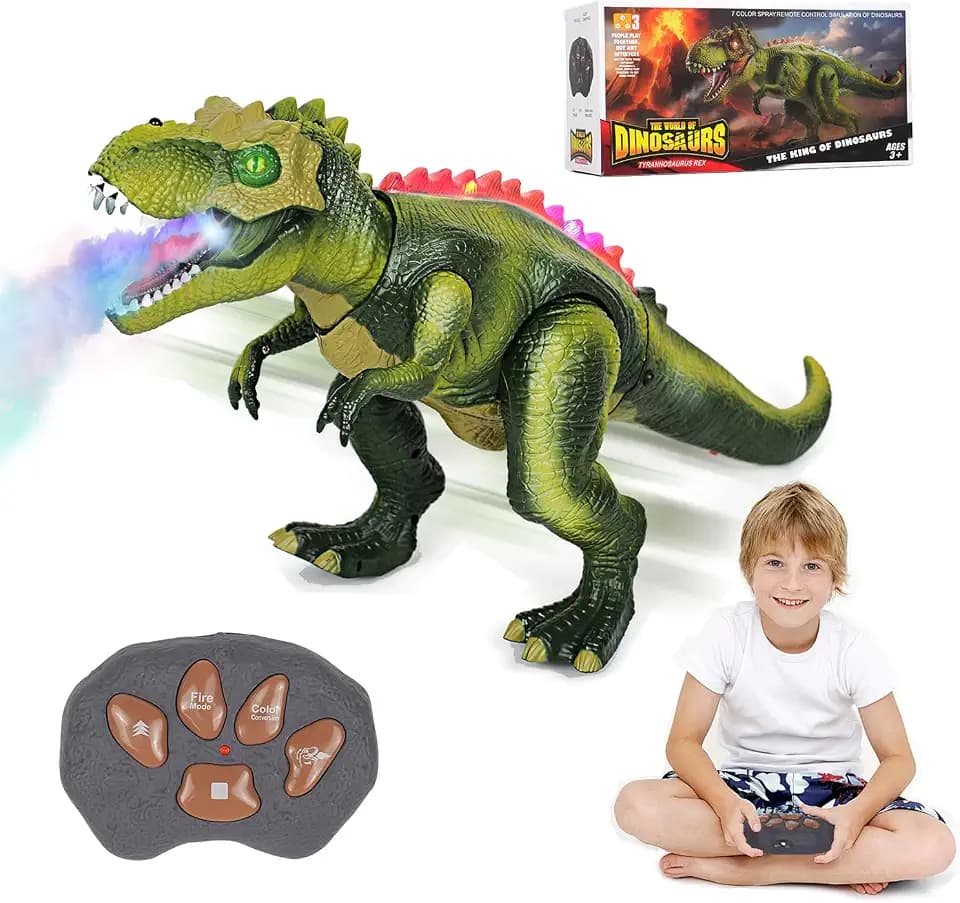 Remote Control Dinosaur Toys for Kids 3-5-7, Upgraded T Rex Dinosaur Toys with Changing Light, 7 Color Spray & Realistic Roars, RC Walking Dinosaur Robot 4-7, Birthday Gifts Toys for Kids Boys 3+