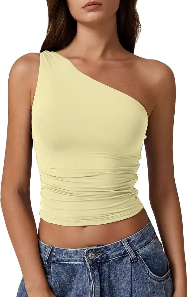 QINSEN Women's One Shoulder Tank Tops Double Lined Sleeveless Slim Fit Cropped Tee Shirt Y2k Tops