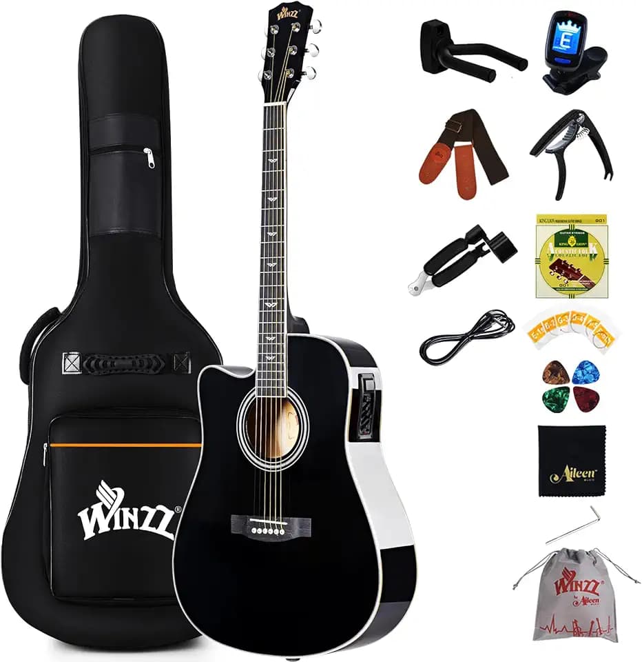 Winzz Electro-Acoustic Guitar for Adults, 4/4 Full Size Beginner Guitar Folk for Children over 12 years (Left Handed Black)