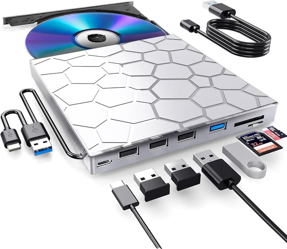 BPAKDU External CD/DVD Drive for Laptop, DVD Player for Laptop, 8 in 1 USB 3.0 Ultra-Slim Portable, CD Burner External Disk Drive Optical Compatible with Desktop Mac,Windows (Silver)