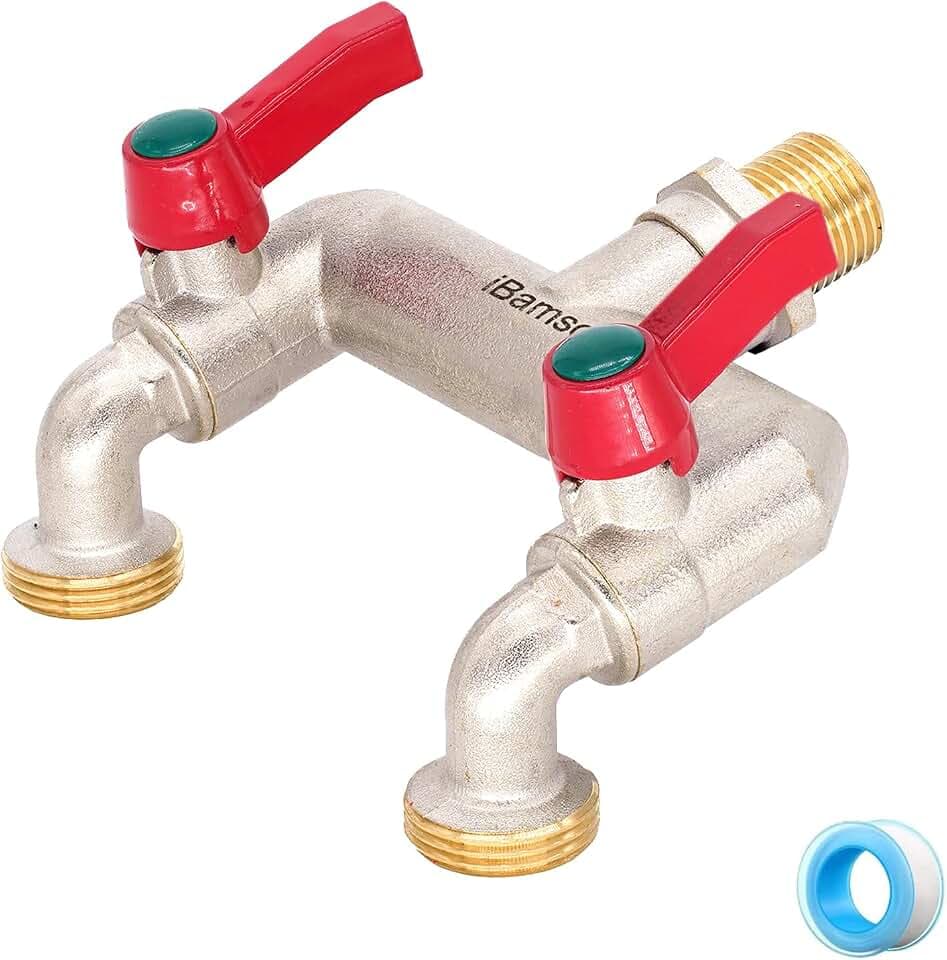 Messing 1/2 Zoll Doppelhahn & Splitter, 1/2 Zoll Einlass & zwei 3/4 Zoll Ausgänge, Kugelhahnhahn, 2-Wege-Wasserhahnanschluss