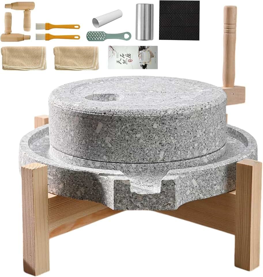 Artisanal Natural Stone Grain Mill (Solid Wood Base) - Household Grinder for Wheat/Spices & Coffee Beans, Traditional Manual Grinding Tool for Breads & Tortillas (9.84x13.8In)