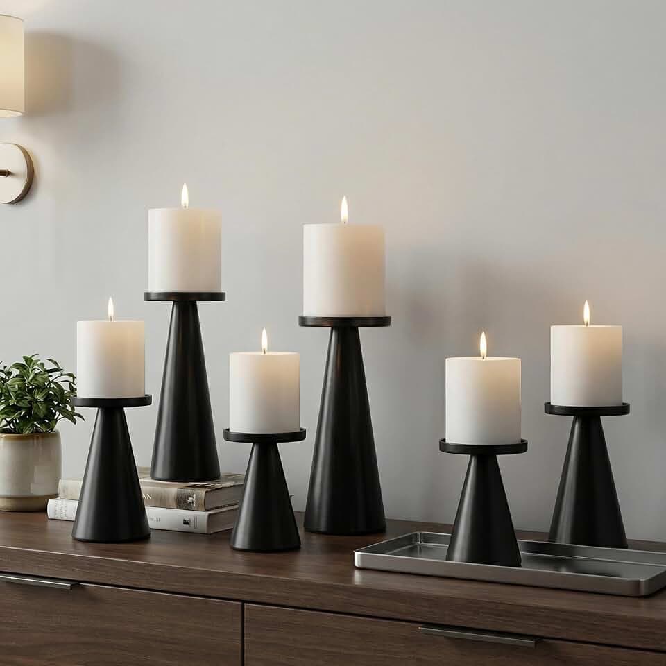 Set of 3 Black Iron Pillar Candle Holders 4 & 4.7 & 6.4 Inch Tall