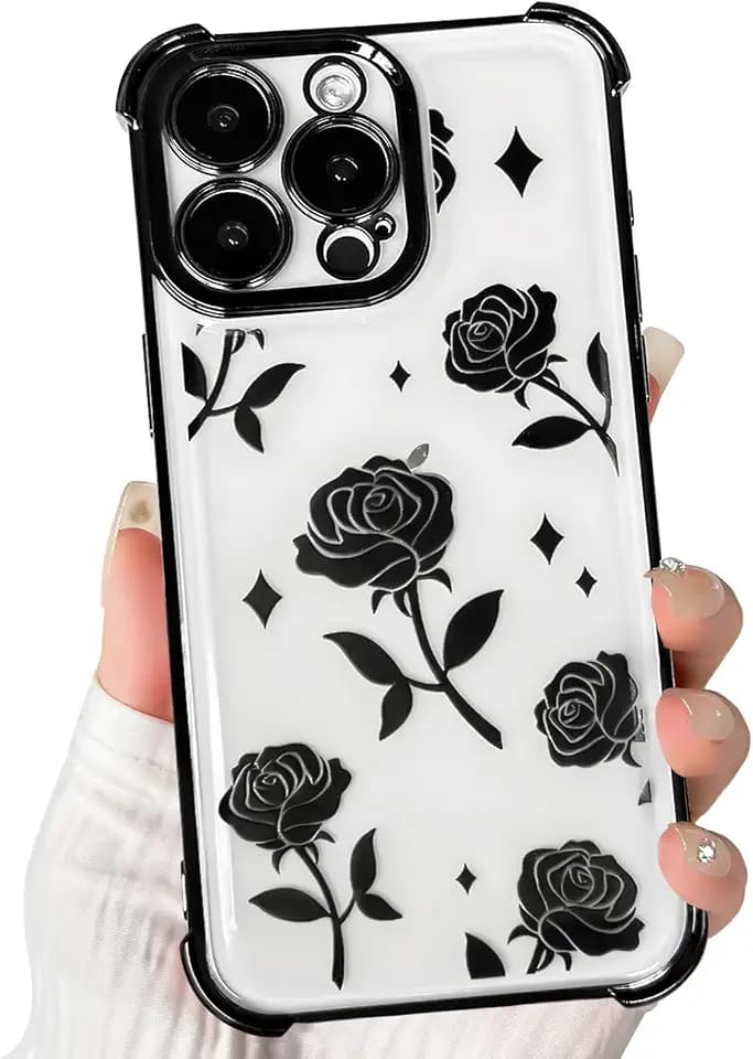 Lovmooful for iPhone 12 Pro Max Case Cute Clear Rose Flower Floral-Black